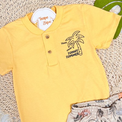  Conj. Camiseta Sunny Summer e Bermuda Animais - Amarelo e Areia